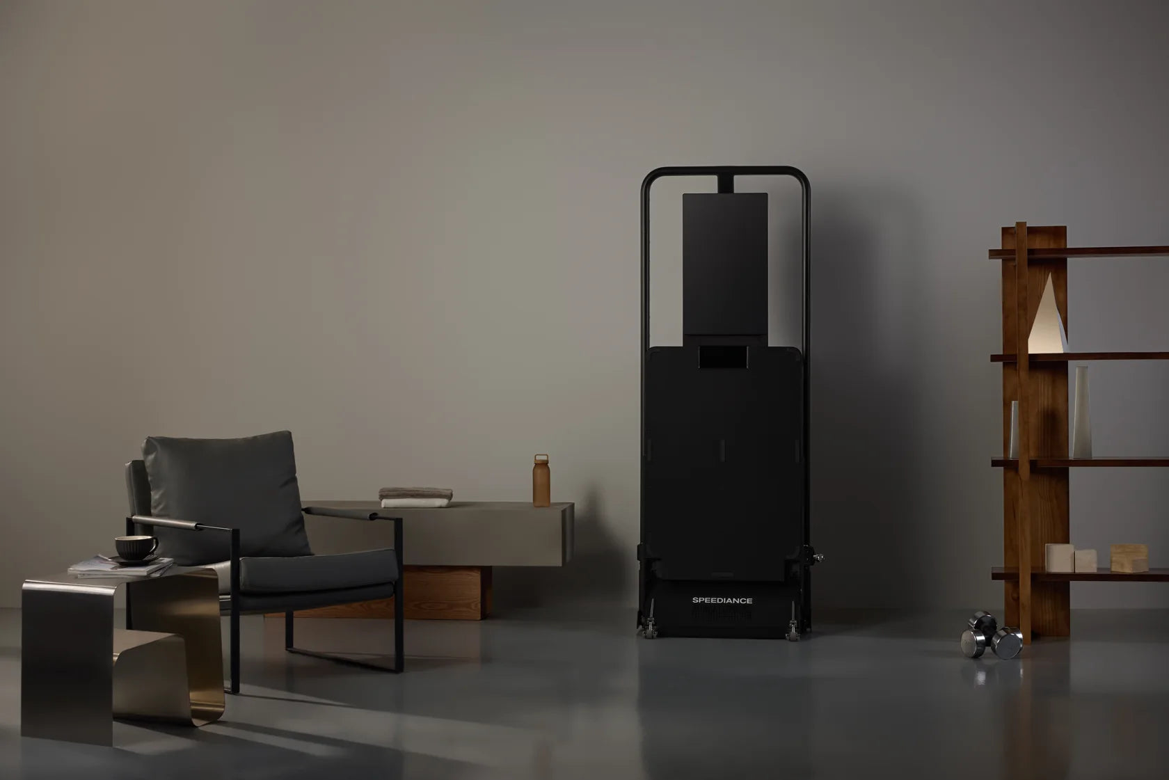 Gym Monster 3 folded away in a styled living room