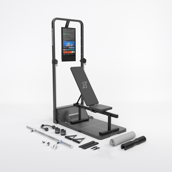 Gym Monster 2 with its touchscreen, platform and accessories